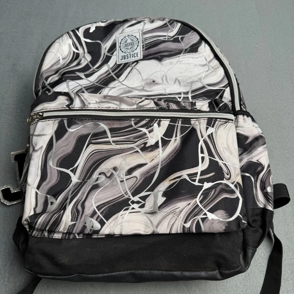 Justice Girls Black‎ White Marble Swirl Backpack Silver Metallic Accents School